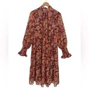 Sweet Lemon Fall Floral Midi Dress Long Sleeve Boho Romantic Cottage Autumn L